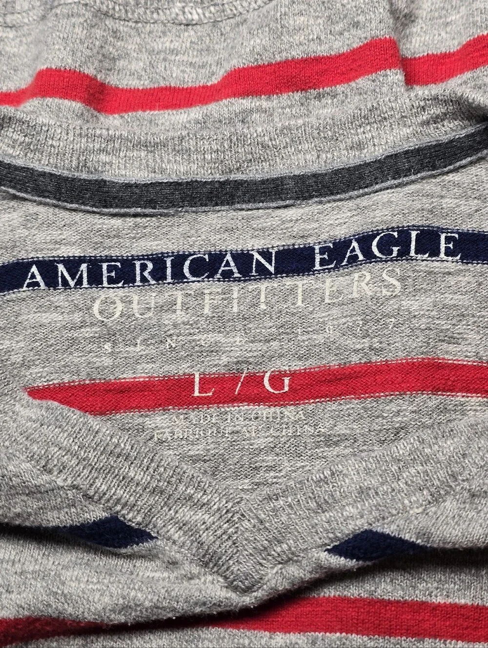 American Eagle Outfitters Gray V-Neck Sweater with Red & Navy Stripes